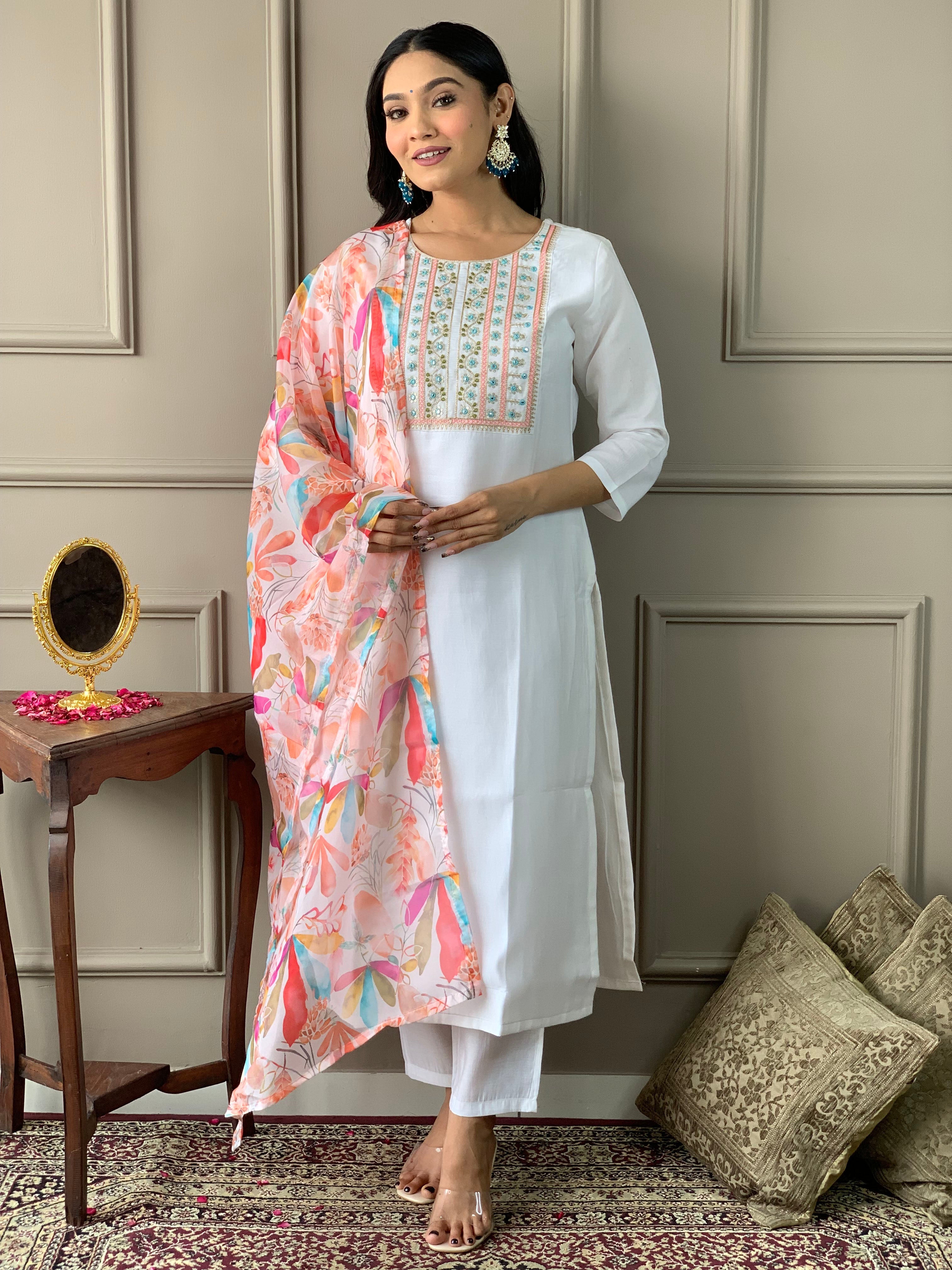 Teeya Creation White Colour Viscose Chanderi Silk Embroidery Work Fully Stitched Kurti Set