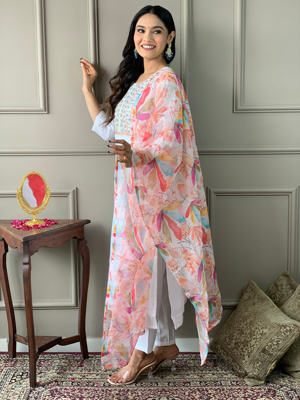 Teeya Creation White Colour Viscose Chanderi Silk Embroidery Work Fully Stitched Kurti Set