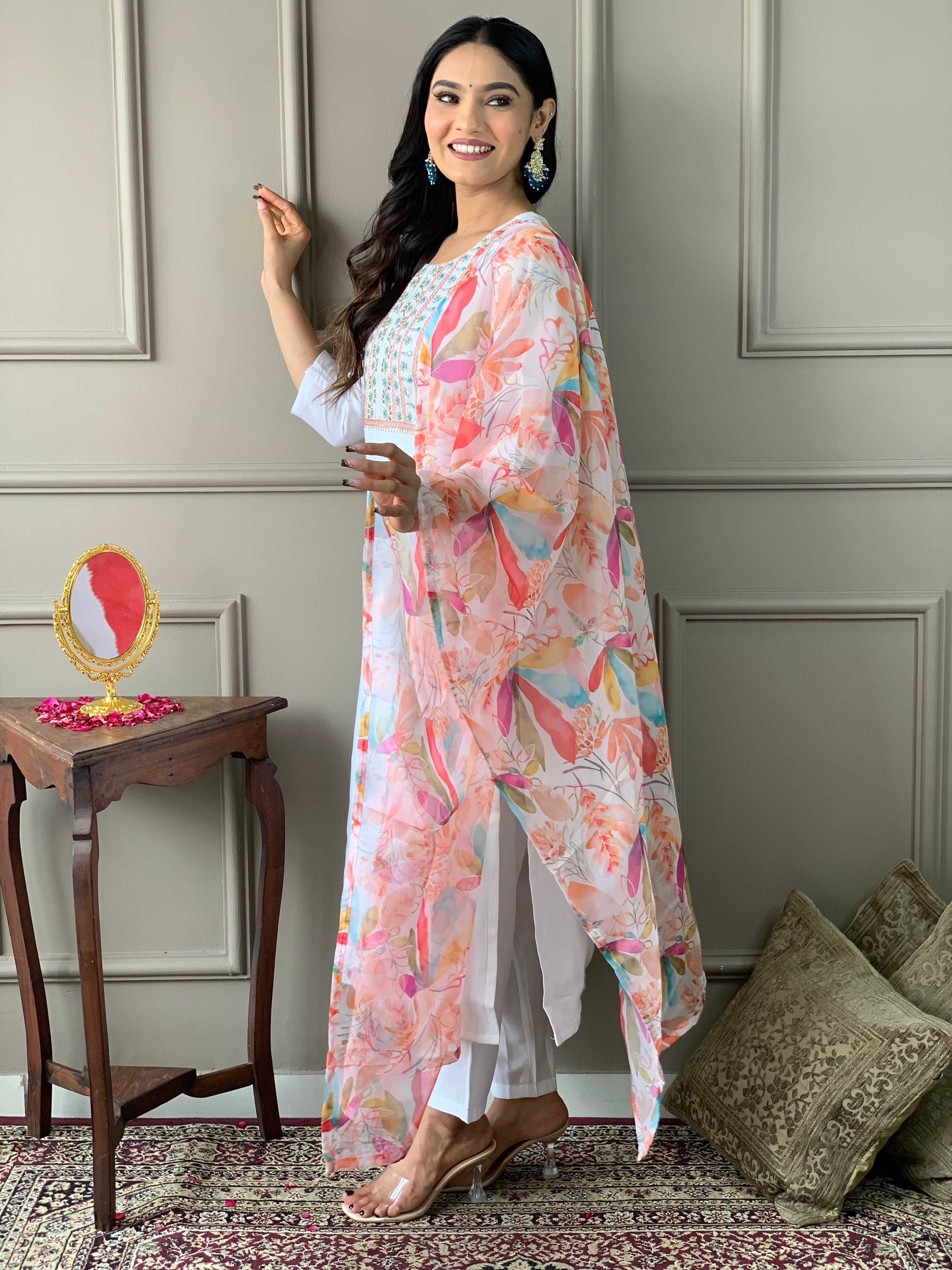 Teeya Creation White Colour Viscose Chanderi Silk Embroidery Work Fully Stitched Kurti Set