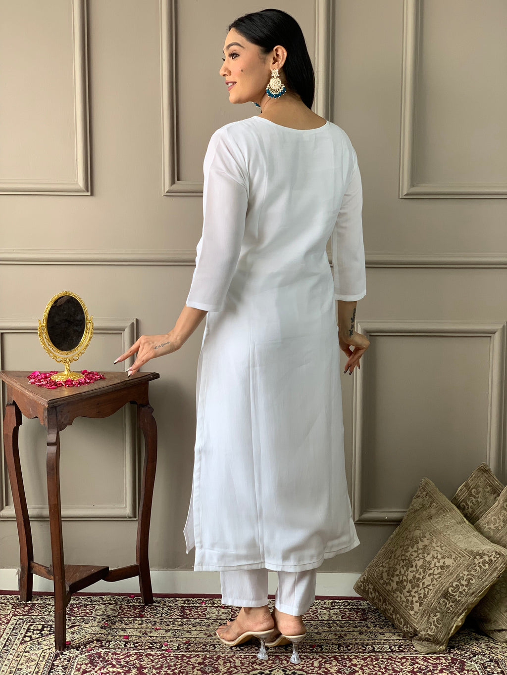 Teeya Creation White Colour Viscose Chanderi Silk Embroidery Work Fully Stitched Kurti Set