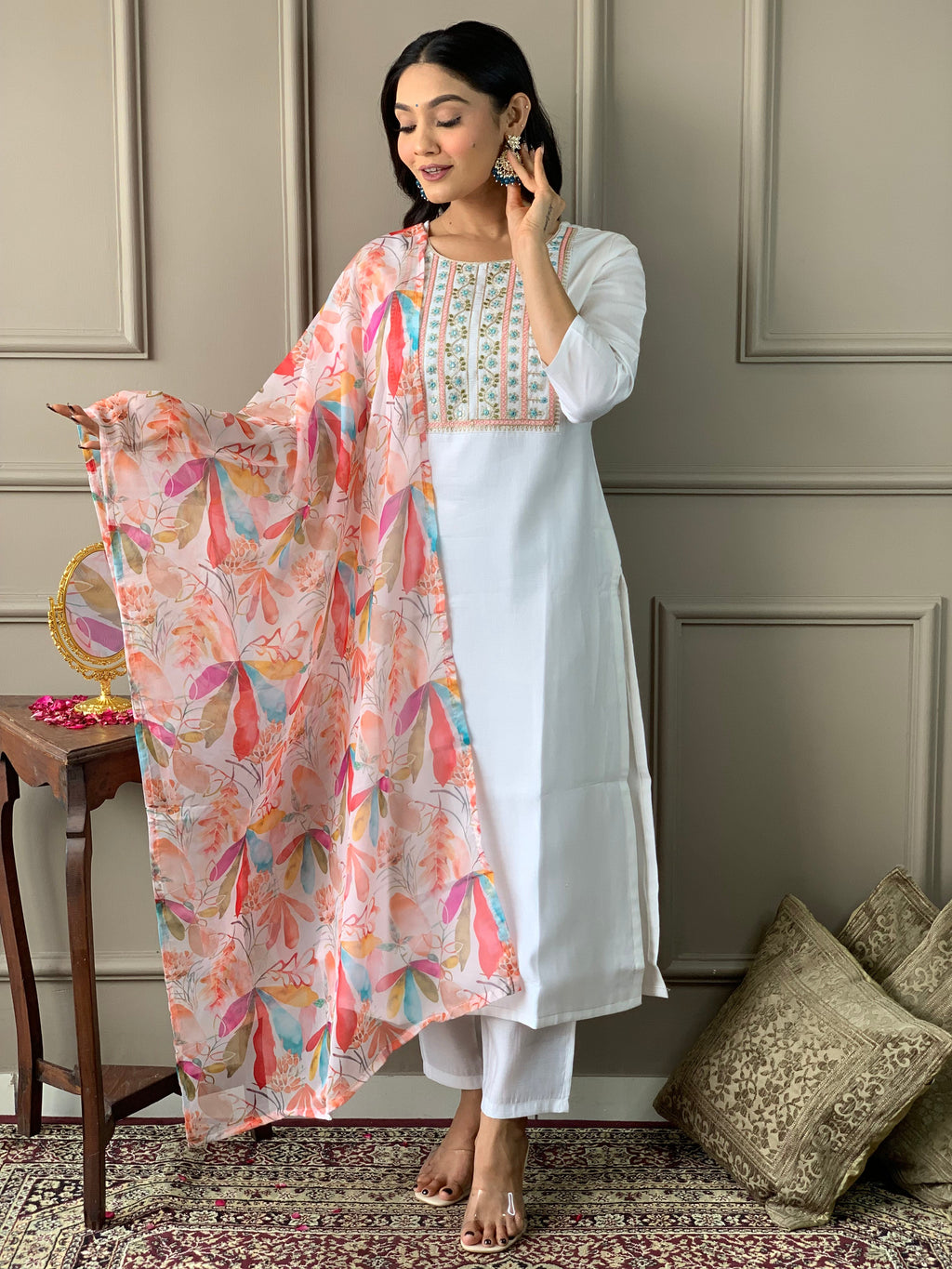 Teeya Creation White Colour Viscose Chanderi Silk Embroidery Work Fully Stitched Kurti Set