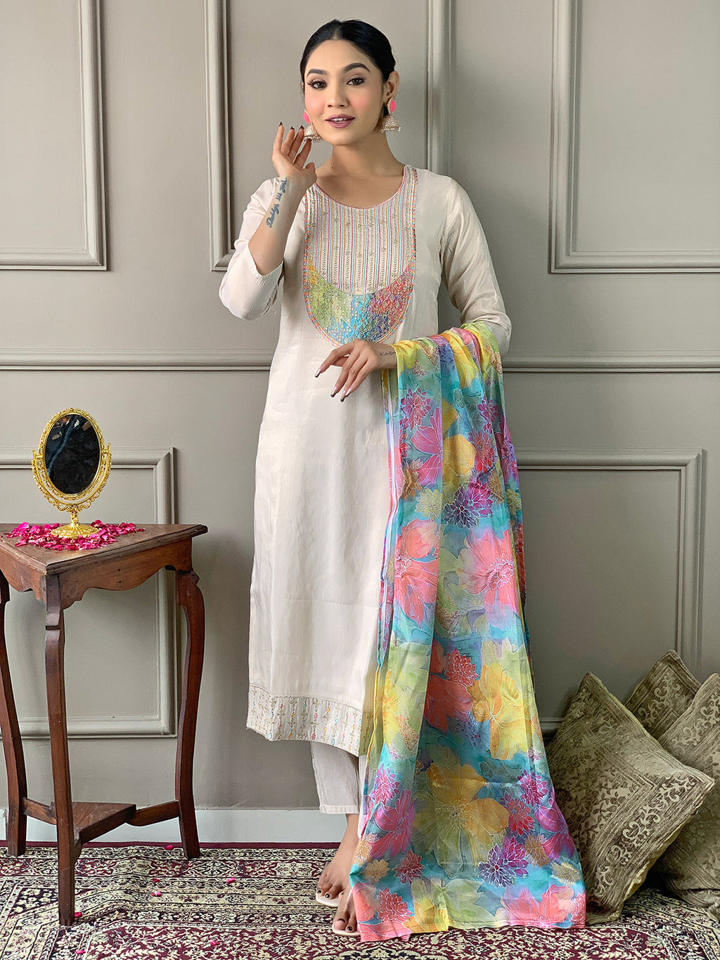 Teeya Creation Chiku Colour Viscose Simar Embroidery Work Fully Stitched Kurti Set