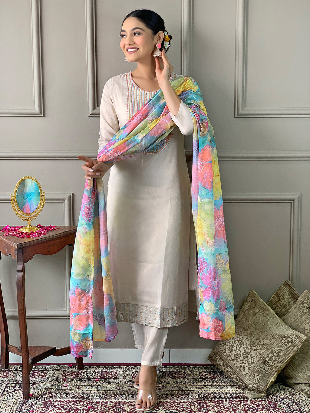 Teeya Creation Chiku Colour Viscose Simar Embroidery Work Fully Stitched Kurti Set