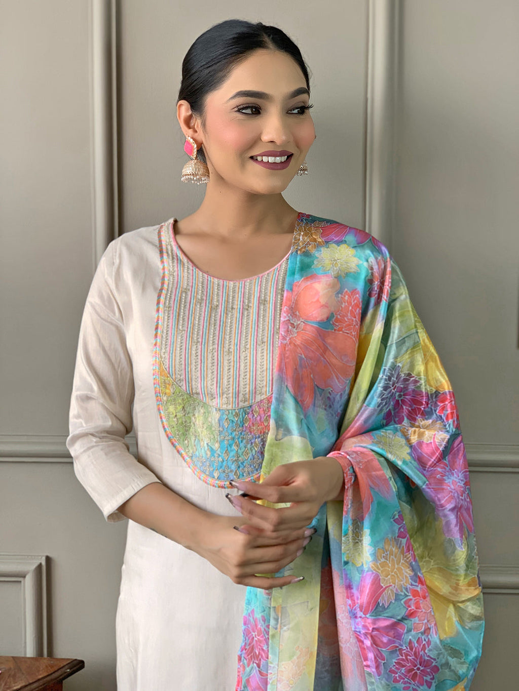 Teeya Creation Chiku Colour Viscose Simar Embroidery Work Fully Stitched Kurti Set