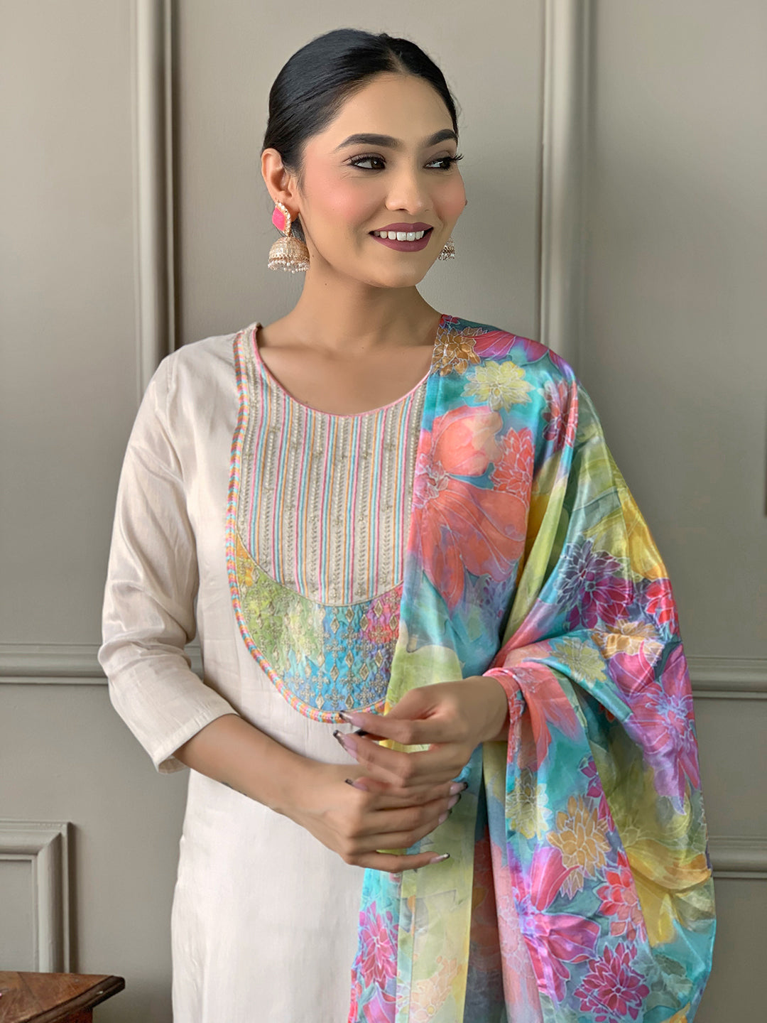 Teeya Creation Chiku Colour Viscose Simar Embroidery Work Fully Stitched Kurti Set