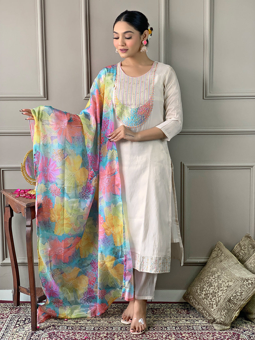 Teeya Creation Chiku Colour Viscose Simar Embroidery Work Fully Stitched Kurti Set