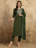 Teeya Creation Green Colour Viscose Chanderi Embroidery Work Fully Stitched Kurti Set