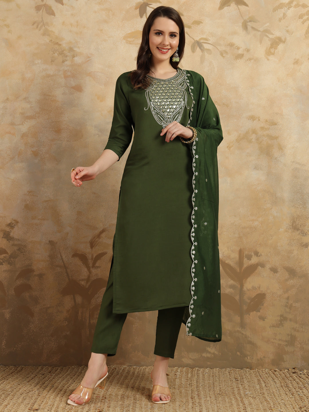 Teeya Creation Green Colour Viscose Chanderi Embroidery Work Fully Stitched Kurti Set