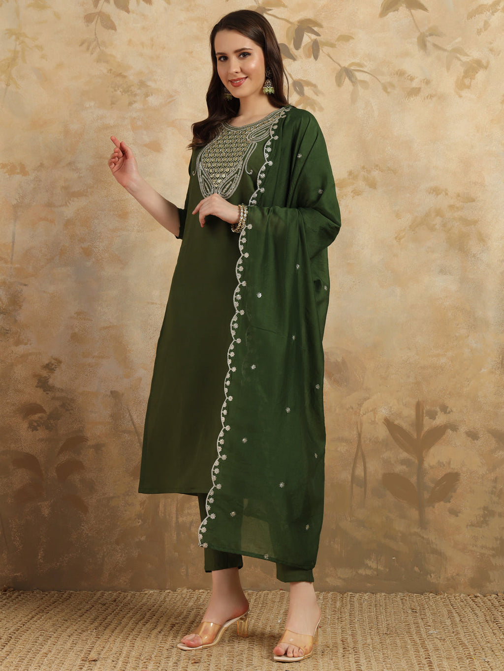Teeya Creation Green Colour Viscose Chanderi Embroidery Work Fully Stitched Kurti Set