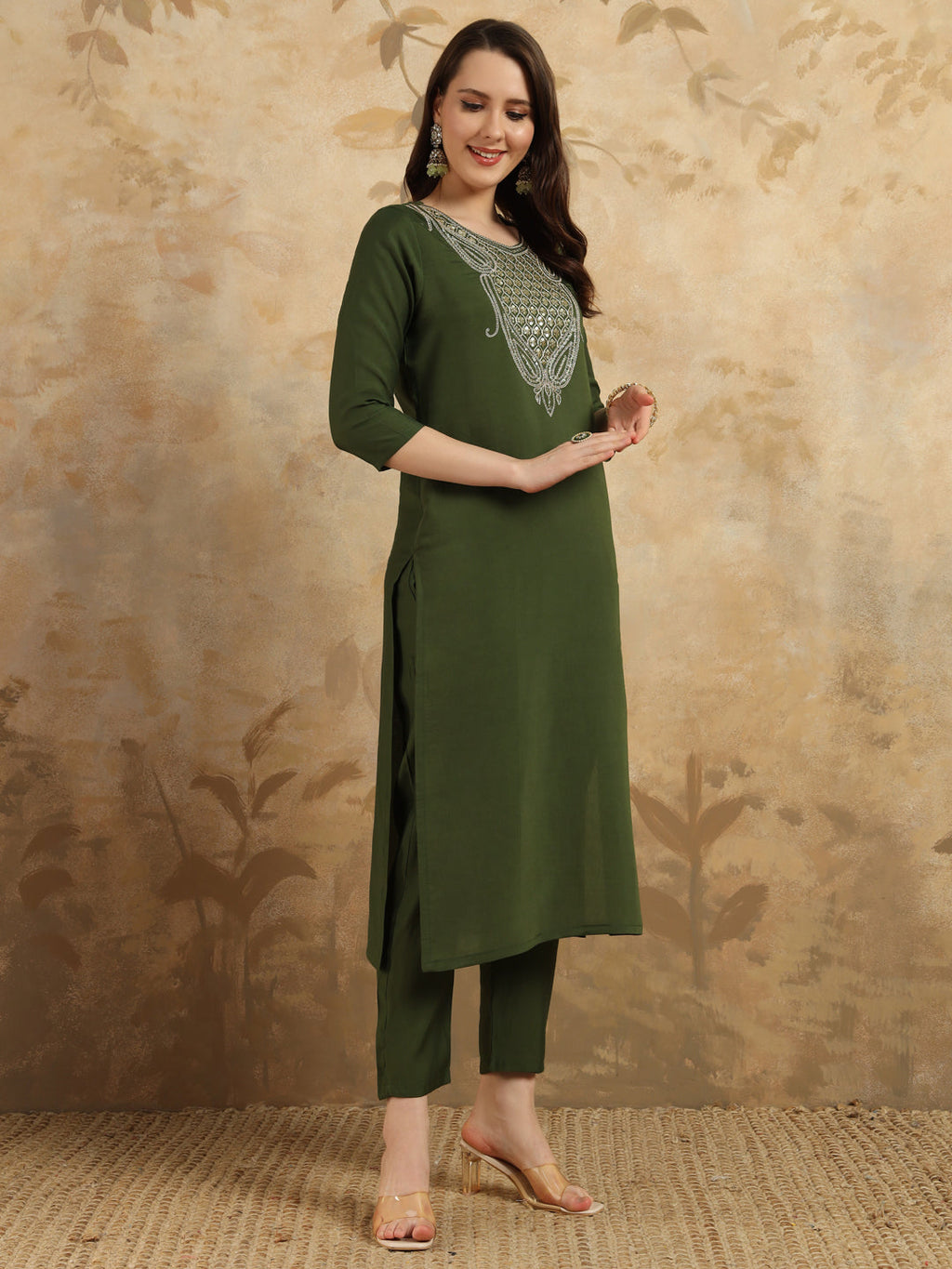 Teeya Creation Green Colour Viscose Chanderi Embroidery Work Fully Stitched Kurti Set