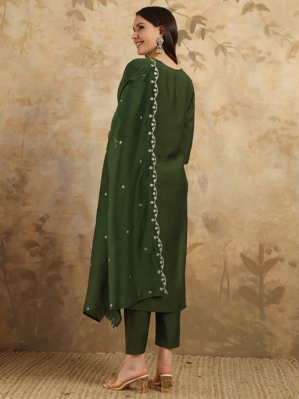 Teeya Creation Green Colour Viscose Chanderi Embroidery Work Fully Stitched Kurti Set