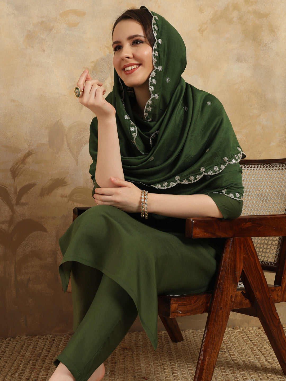 Teeya Creation Green Colour Viscose Chanderi Embroidery Work Fully Stitched Kurti Set