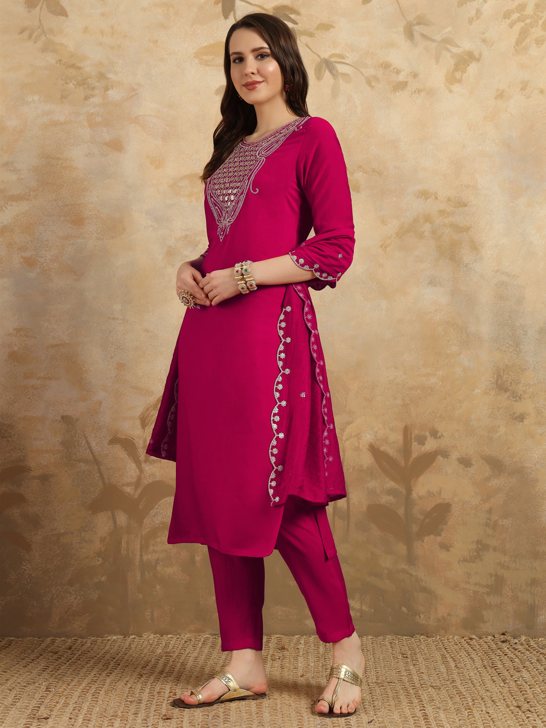 Teeya Creation Rani Colour Viscose Chanderi Embroidery Work Fully Stitched Kurti Set