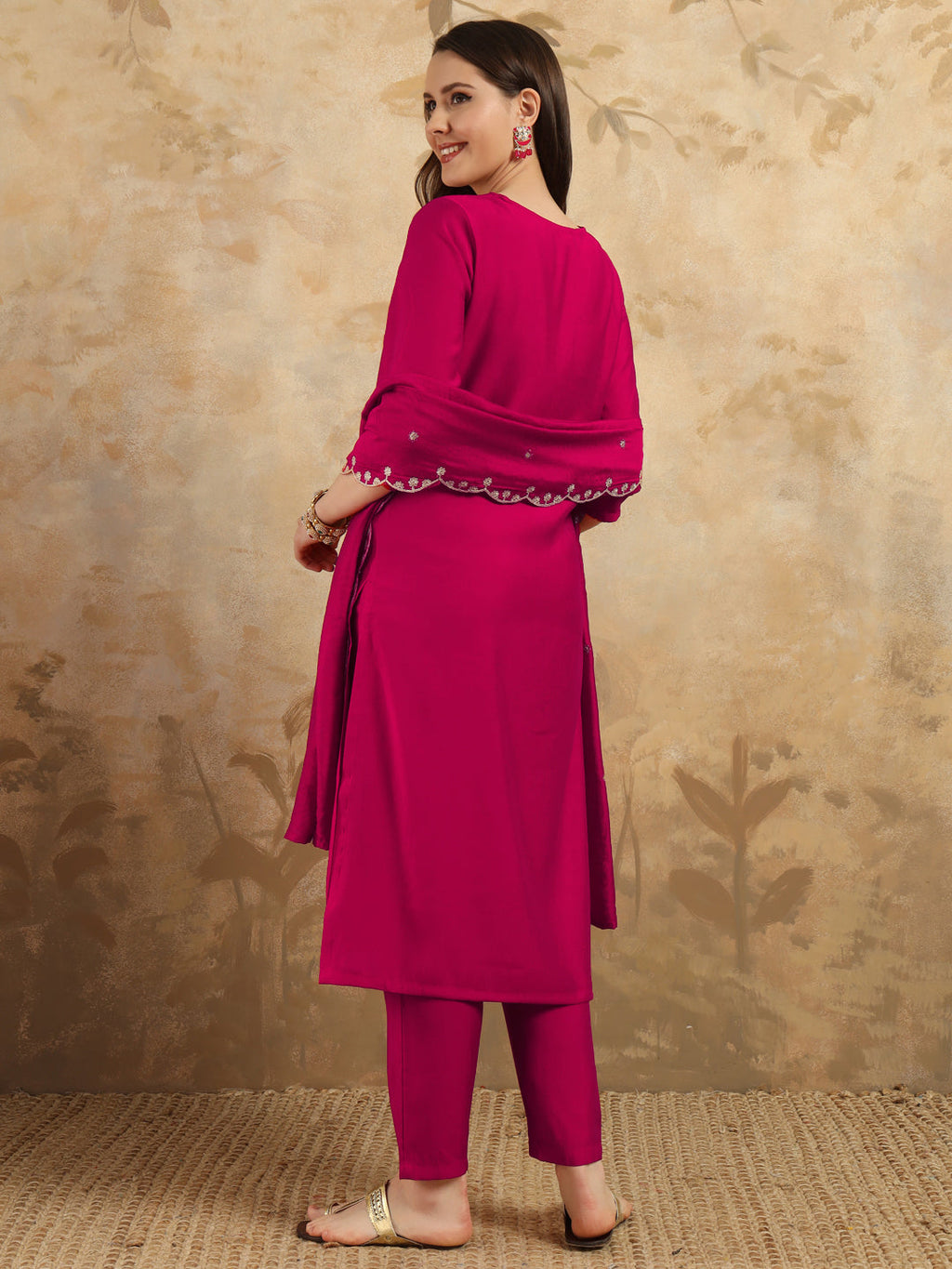 Teeya Creation Rani Colour Viscose Chanderi Embroidery Work Fully Stitched Kurti Set