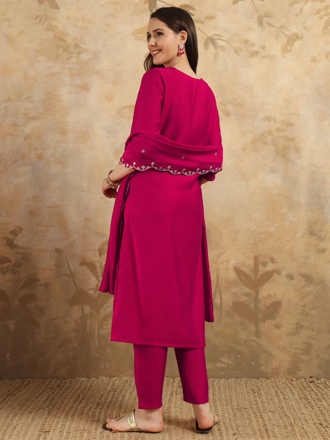 Teeya Creation Rani Colour Viscose Chanderi Embroidery Work Fully Stitched Kurti Set