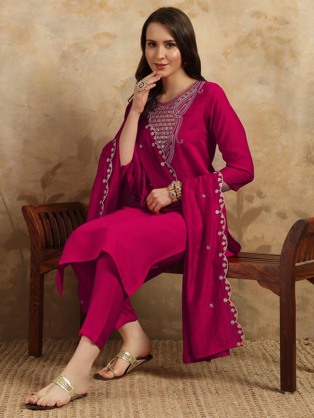 Teeya Creation Rani Colour Viscose Chanderi Embroidery Work Fully Stitched Kurti Set