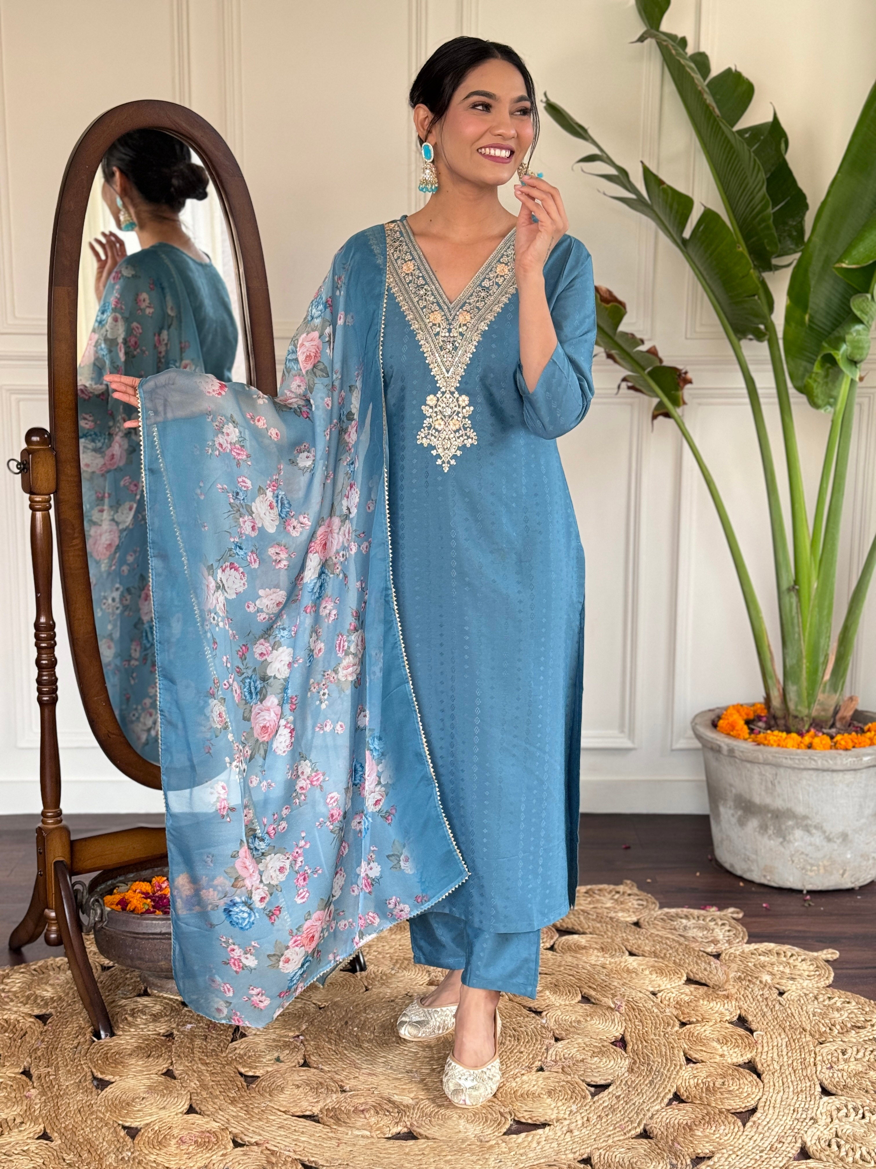 Teeya Creation Blue Colour Viscose Rayon Embroidery Work Fully Stitched Kurti Set