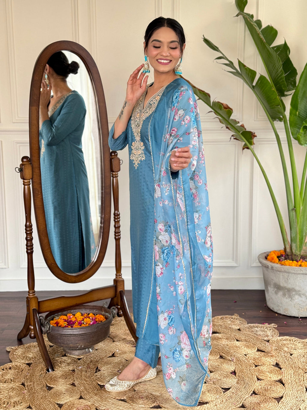 Teeya Creation Blue Colour Viscose Rayon Embroidery Work Fully Stitched Kurti Set