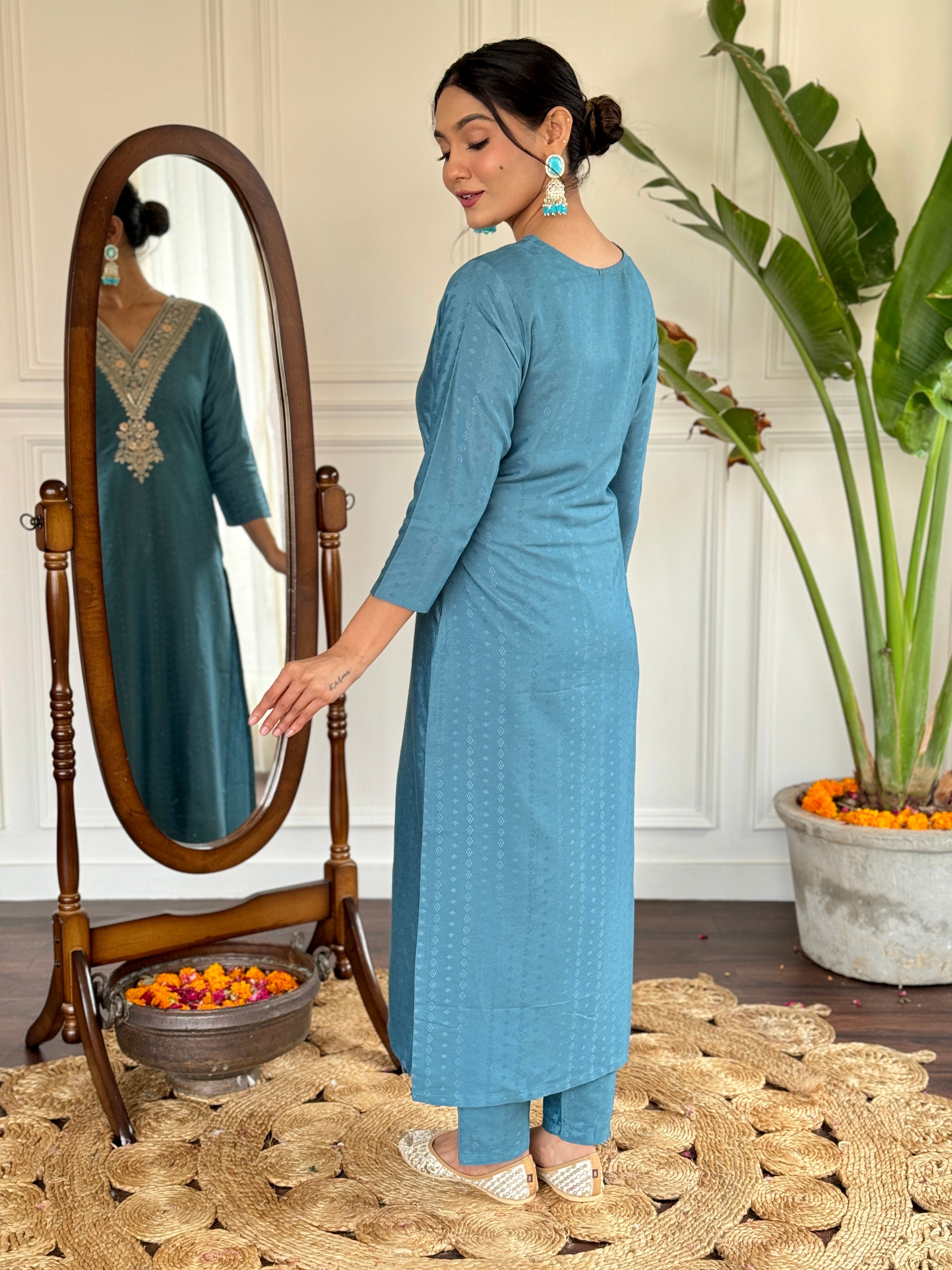 Teeya Creation Blue Colour Viscose Rayon Embroidery Work Fully Stitched Kurti Set