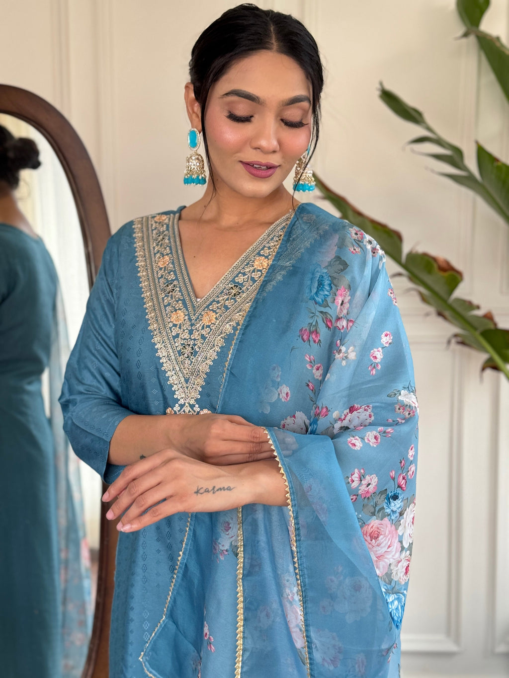 Teeya Creation Blue Colour Viscose Rayon Embroidery Work Fully Stitched Kurti Set