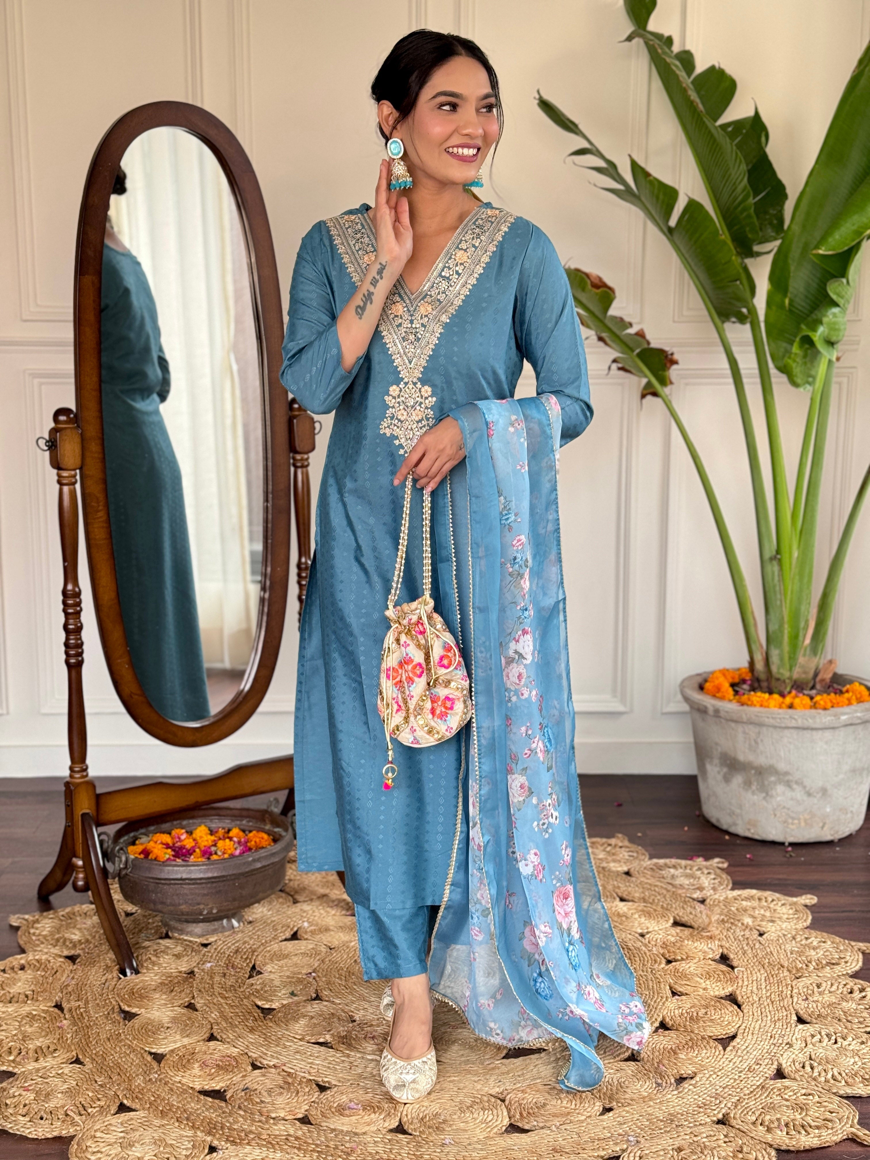 Teeya Creation Blue Colour Viscose Rayon Embroidery Work Fully Stitched Kurti Set