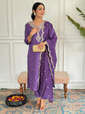 Teeya Creation Purple Colour Viscose Chanderi Embroidery Work Fully Stitched Kurti Set