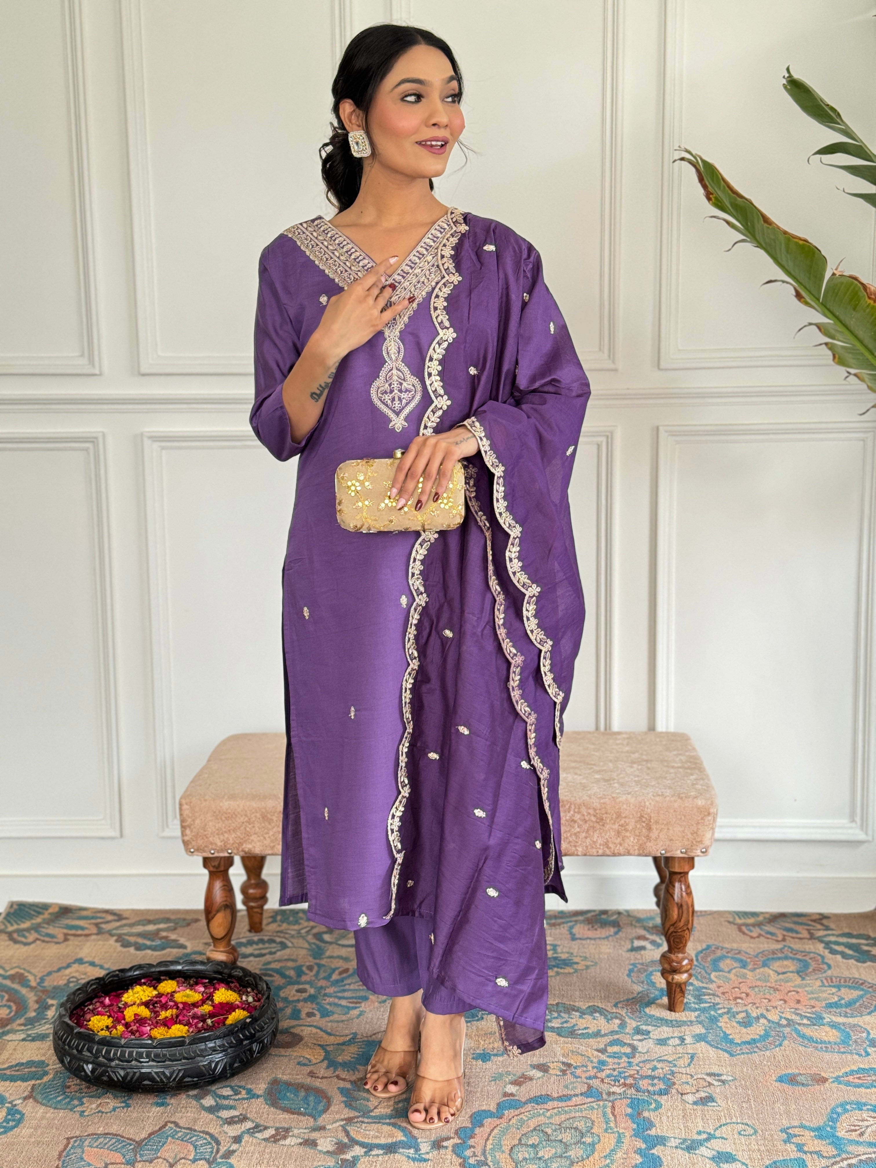 Teeya Creation Purple Colour Viscose Chanderi Embroidery Work Fully Stitched Kurti Set