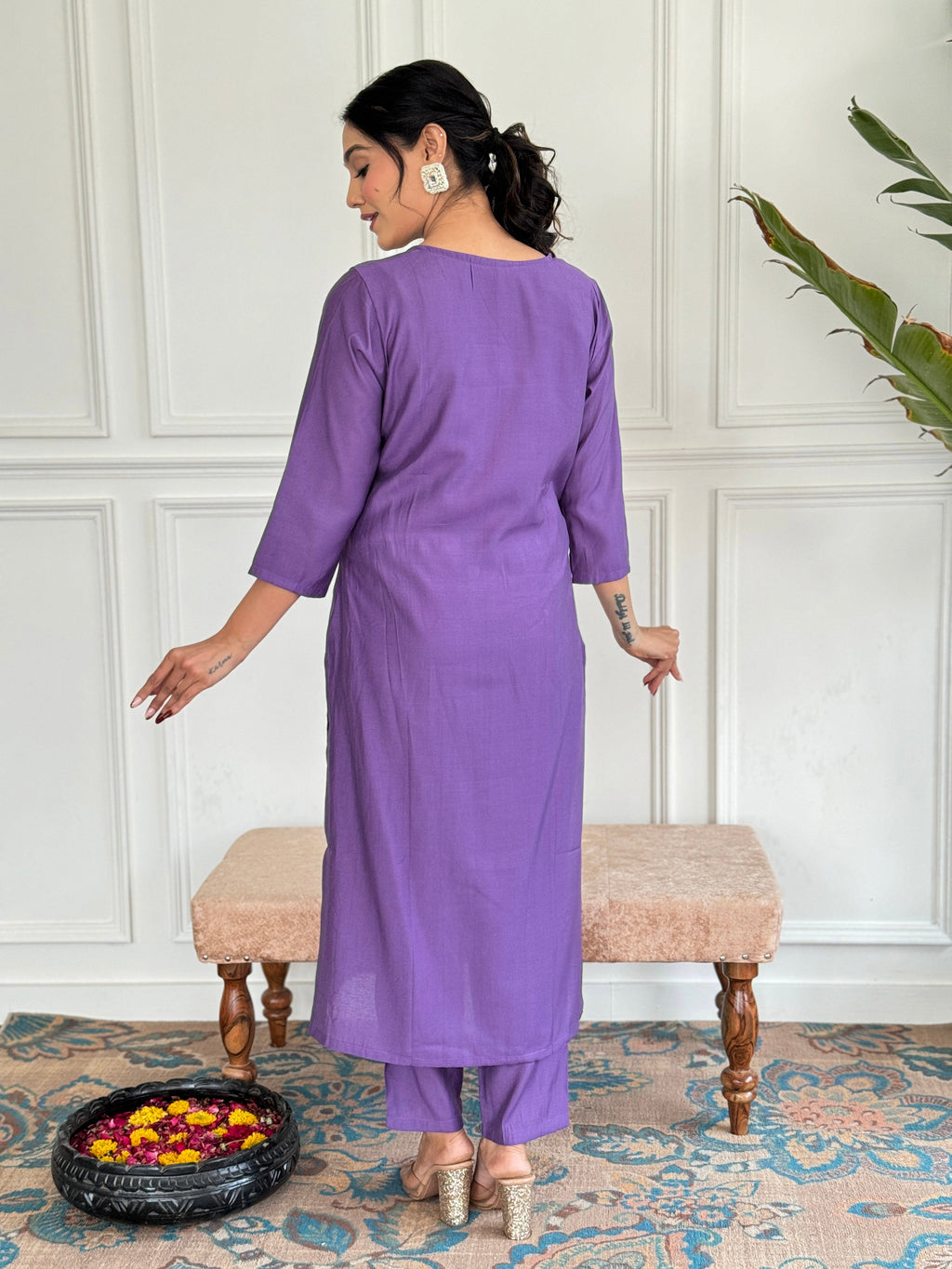 Teeya Creation Purple Colour Viscose Chanderi Embroidery Work Fully Stitched Kurti Set