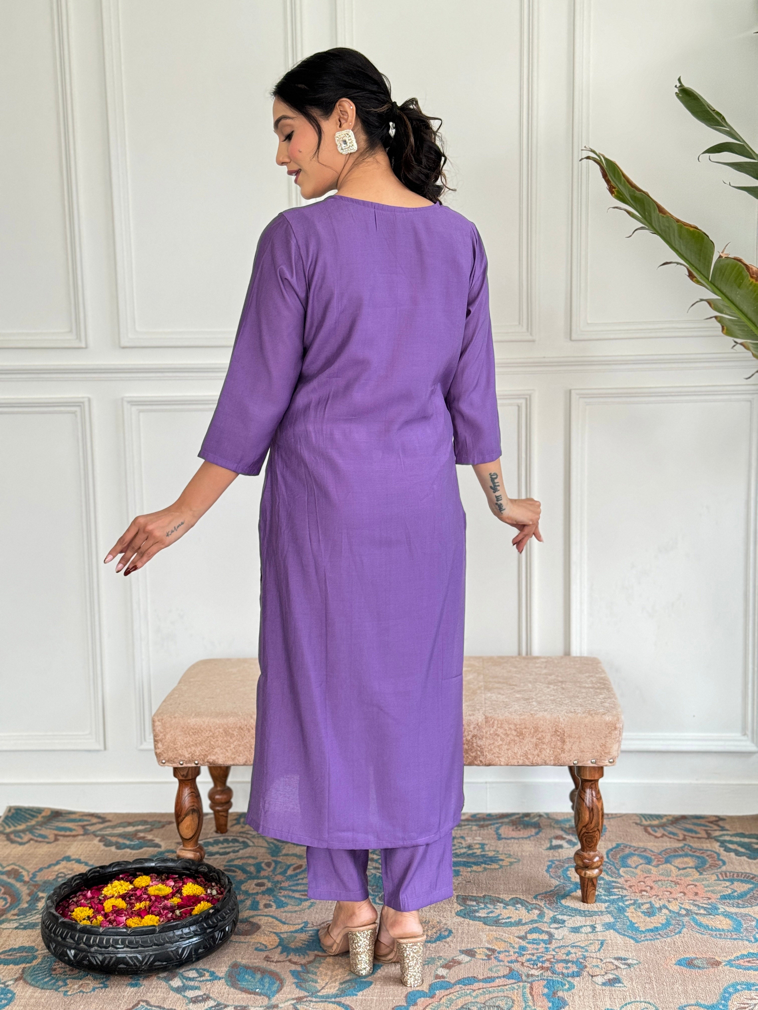 Teeya Creation Purple Colour Viscose Chanderi Embroidery Work Fully Stitched Kurti Set