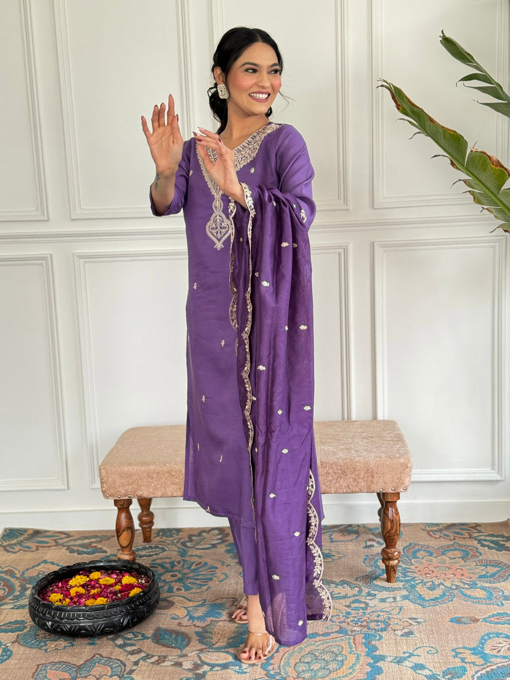 Teeya Creation Purple Colour Viscose Chanderi Embroidery Work Fully Stitched Kurti Set
