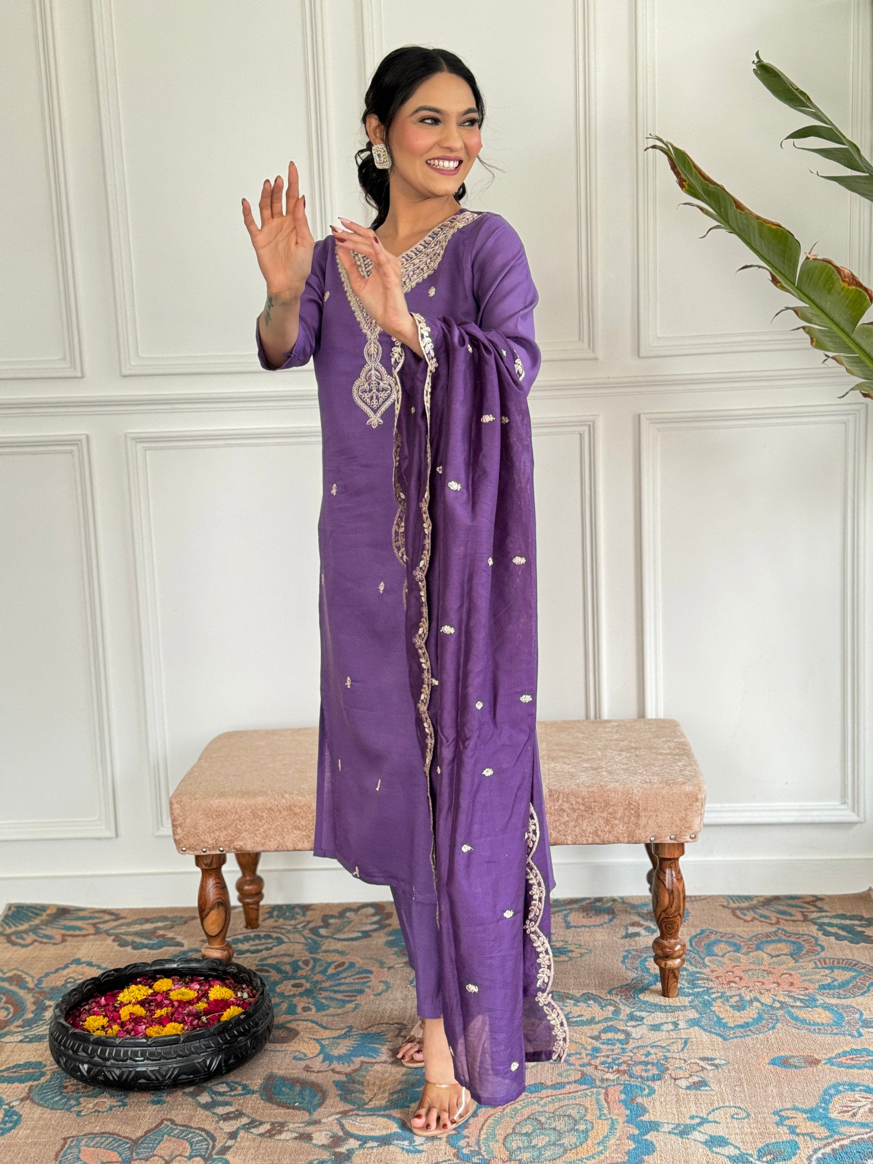 Teeya Creation Purple Colour Viscose Chanderi Embroidery Work Fully Stitched Kurti Set