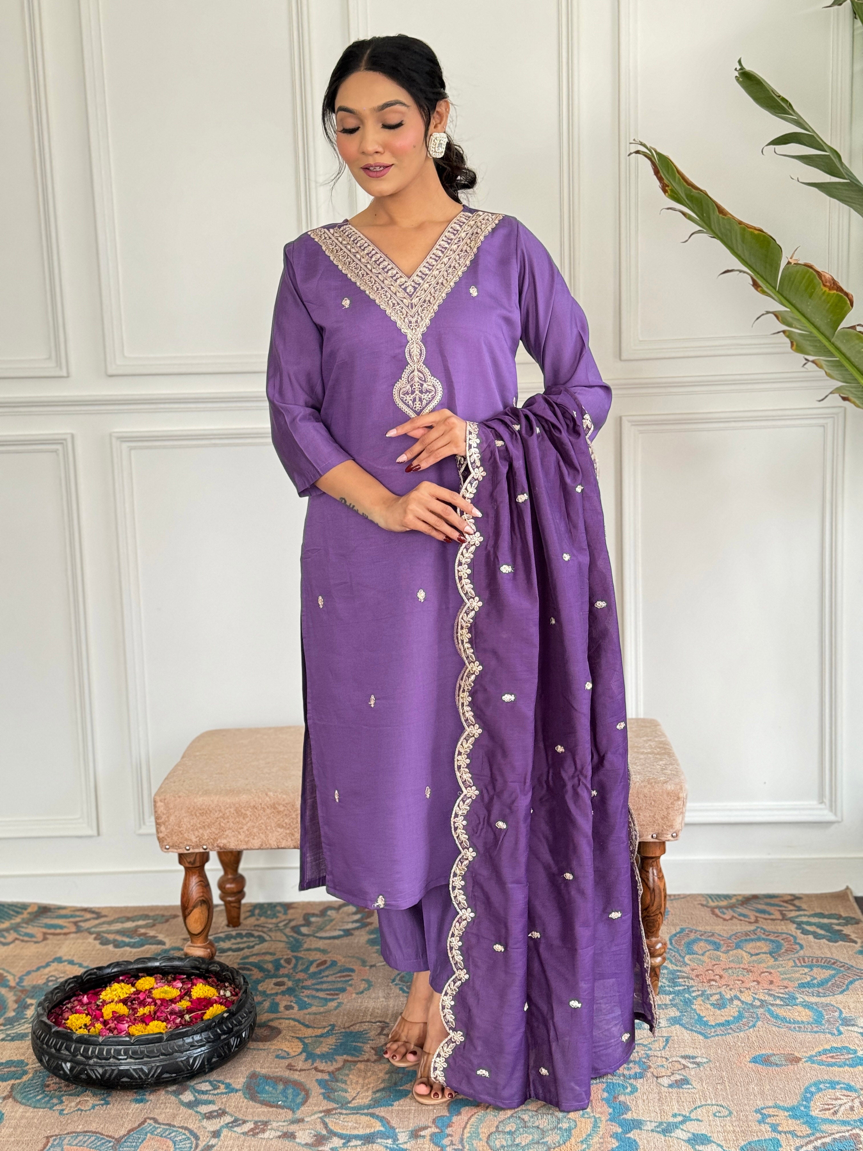 Teeya Creation Purple Colour Viscose Chanderi Embroidery Work Fully Stitched Kurti Set