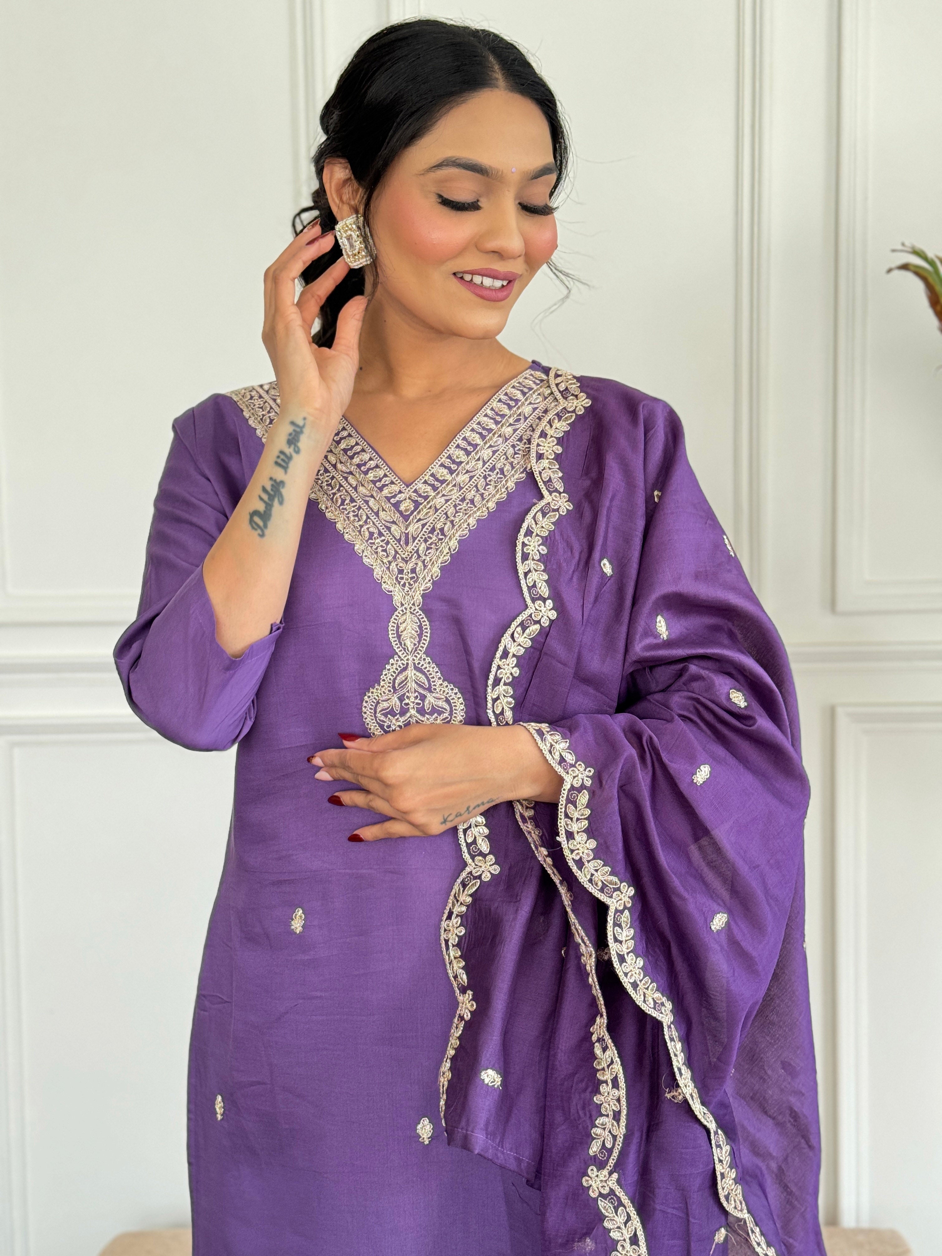 Teeya Creation Purple Colour Viscose Chanderi Embroidery Work Fully Stitched Kurti Set