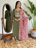 Teeya Creation Green Colour Viscose Chanderi Embroidery Work Fully Stitched Kurti Set