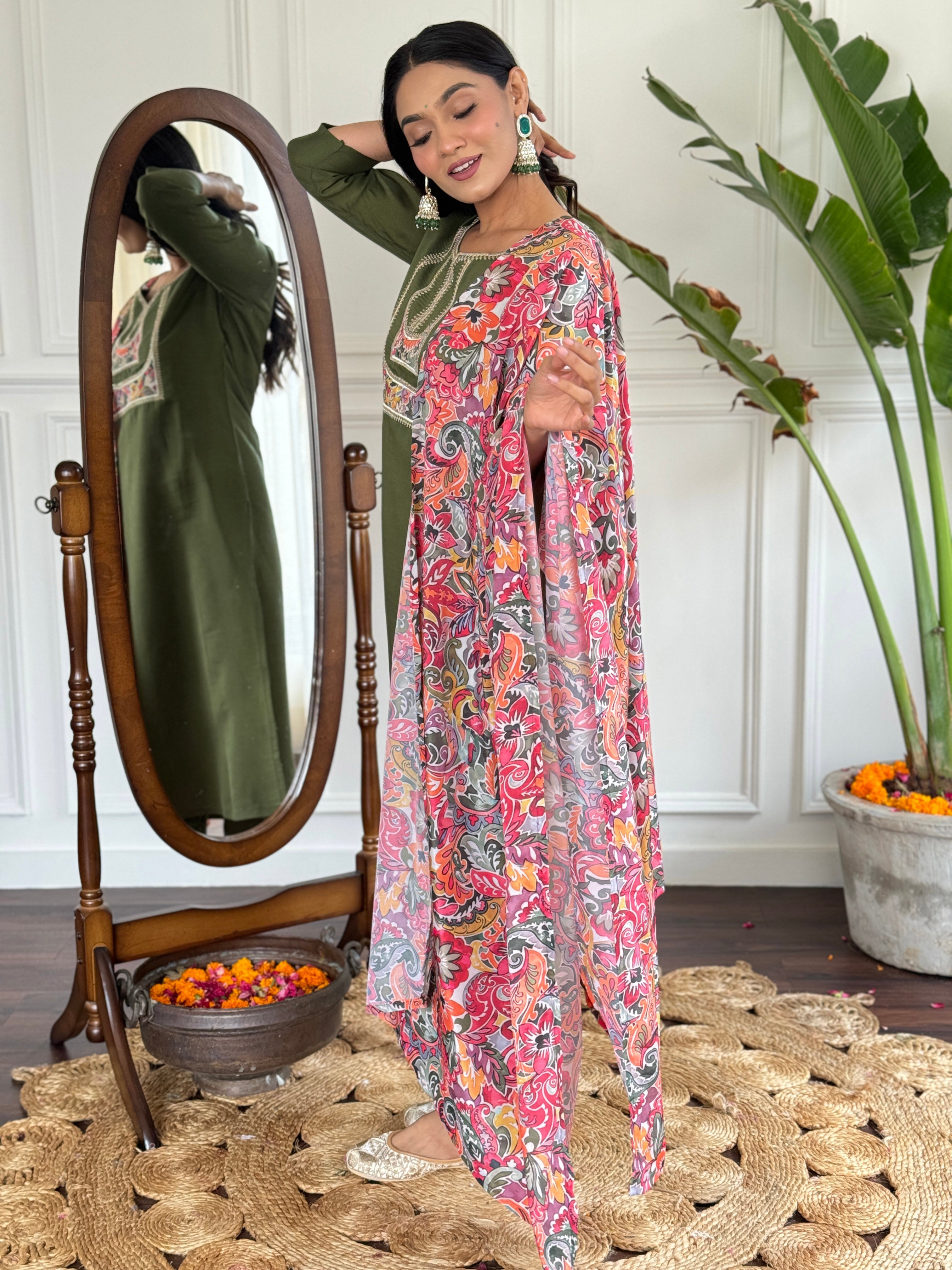 Teeya Creation Green Colour Viscose Chanderi Embroidery Work Fully Stitched Kurti Set