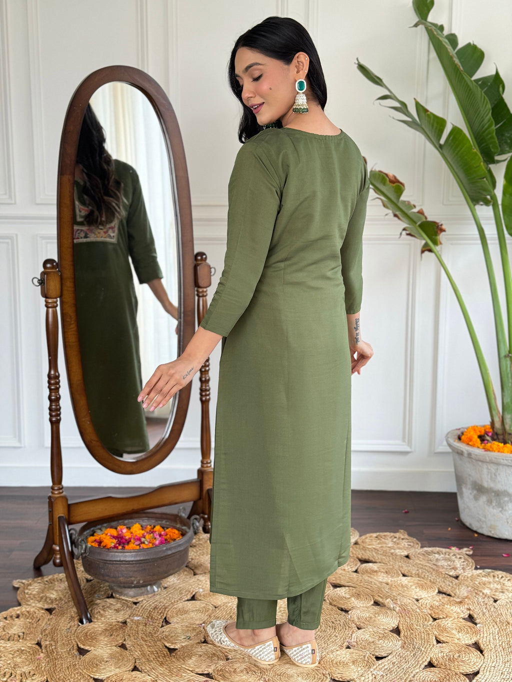 Teeya Creation Green Colour Viscose Chanderi Embroidery Work Fully Stitched Kurti Set