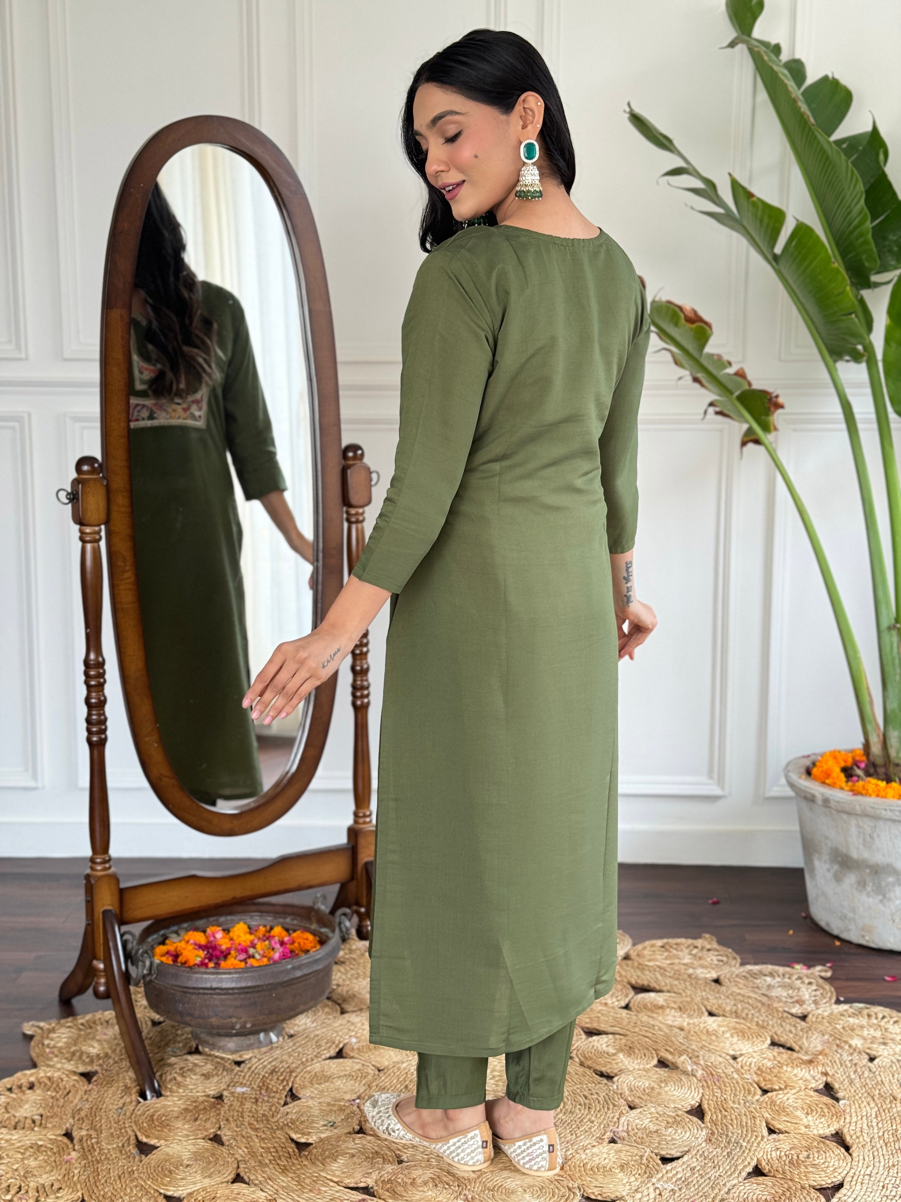 Teeya Creation Green Colour Viscose Chanderi Embroidery Work Fully Stitched Kurti Set