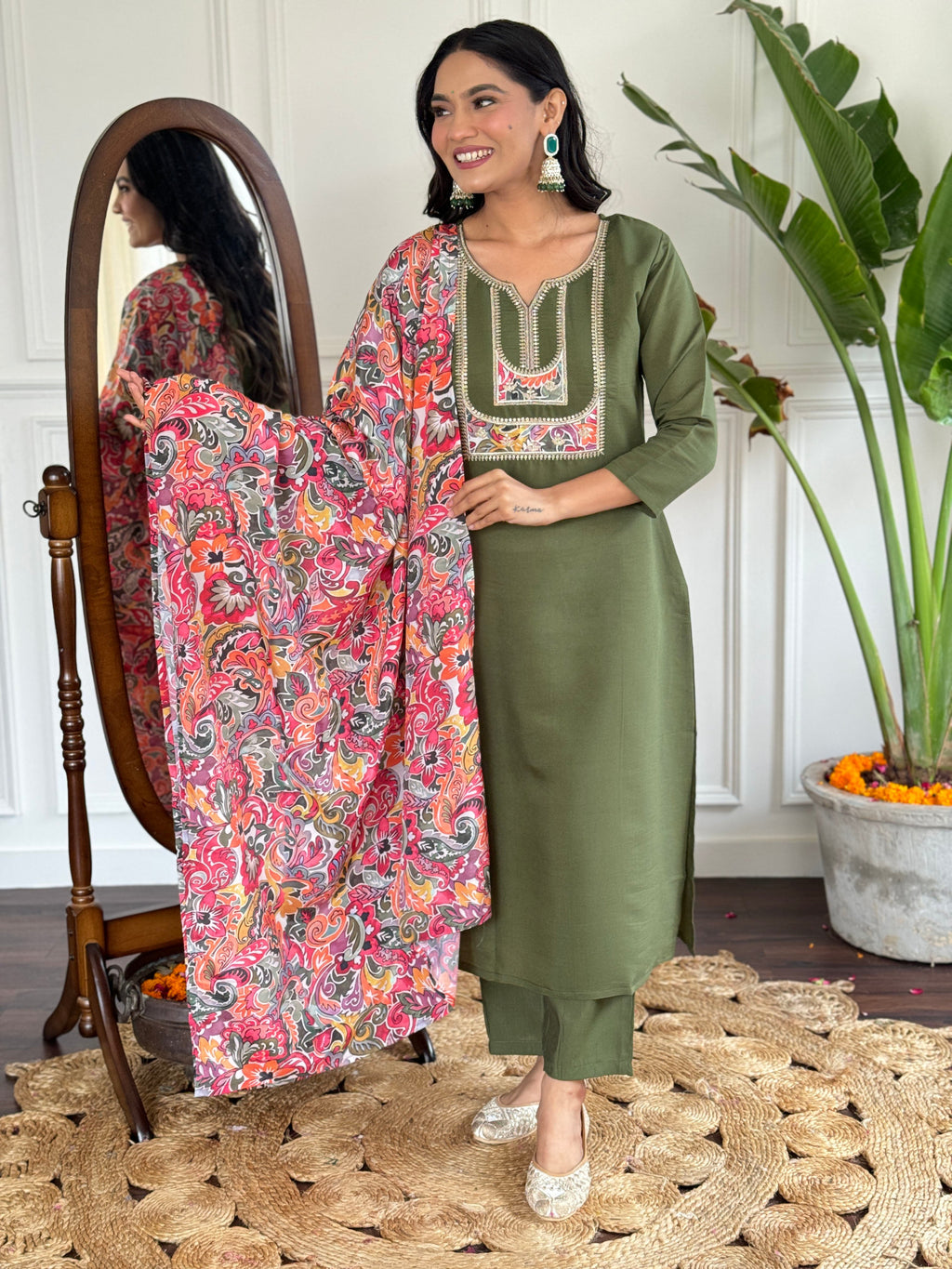 Teeya Creation Green Colour Viscose Chanderi Embroidery Work Fully Stitched Kurti Set