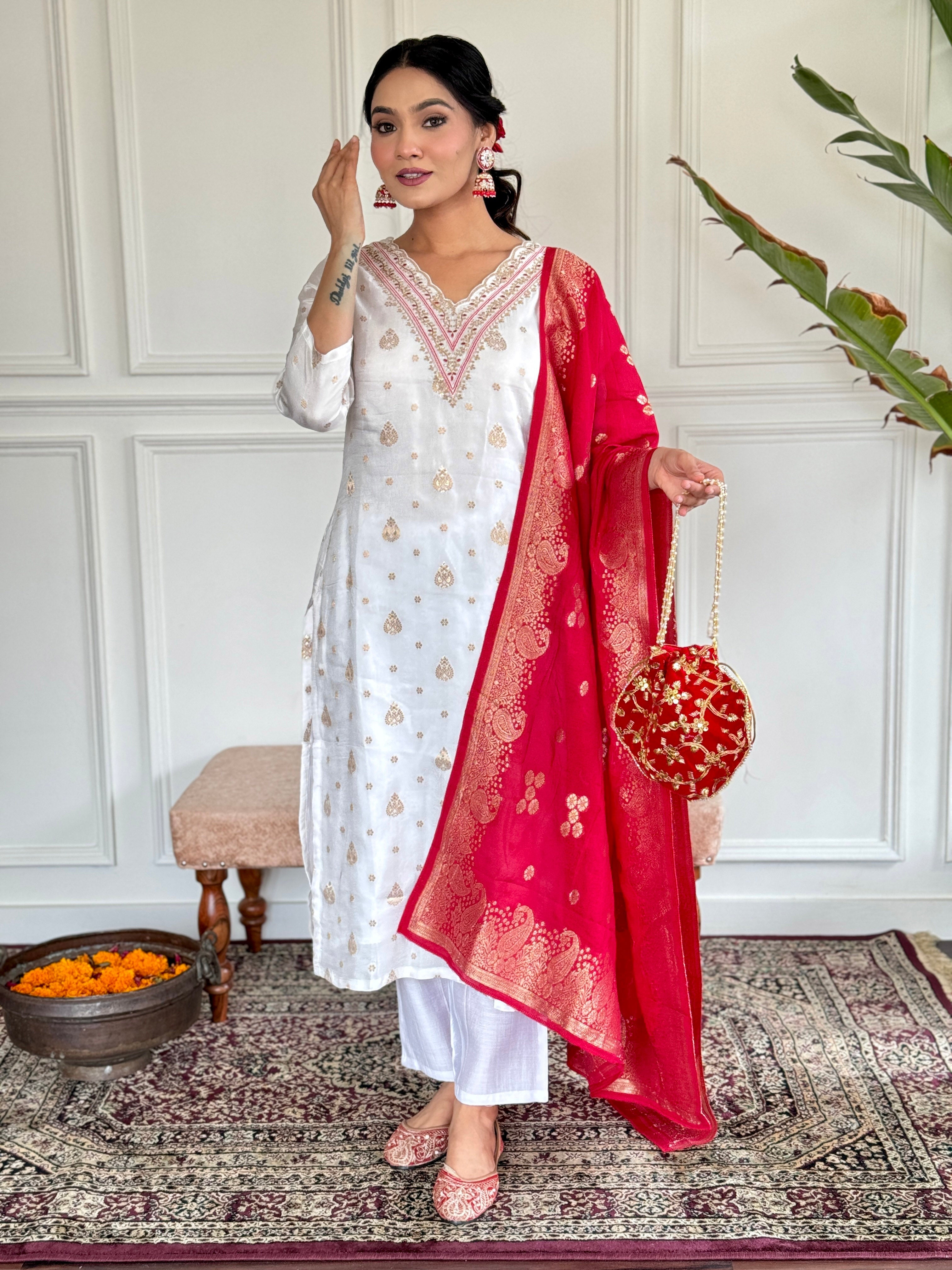 Teeya Creation White Colour Jacquard Embroidery Work Fully Stitched Kurti Set