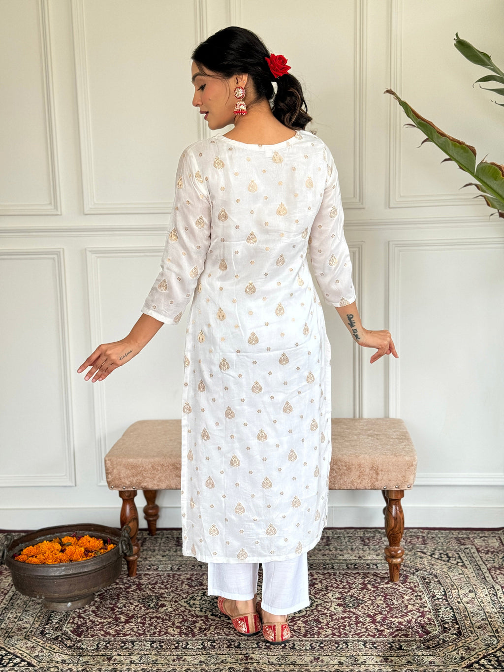 Teeya Creation White Colour Jacquard Embroidery Work Fully Stitched Kurti Set