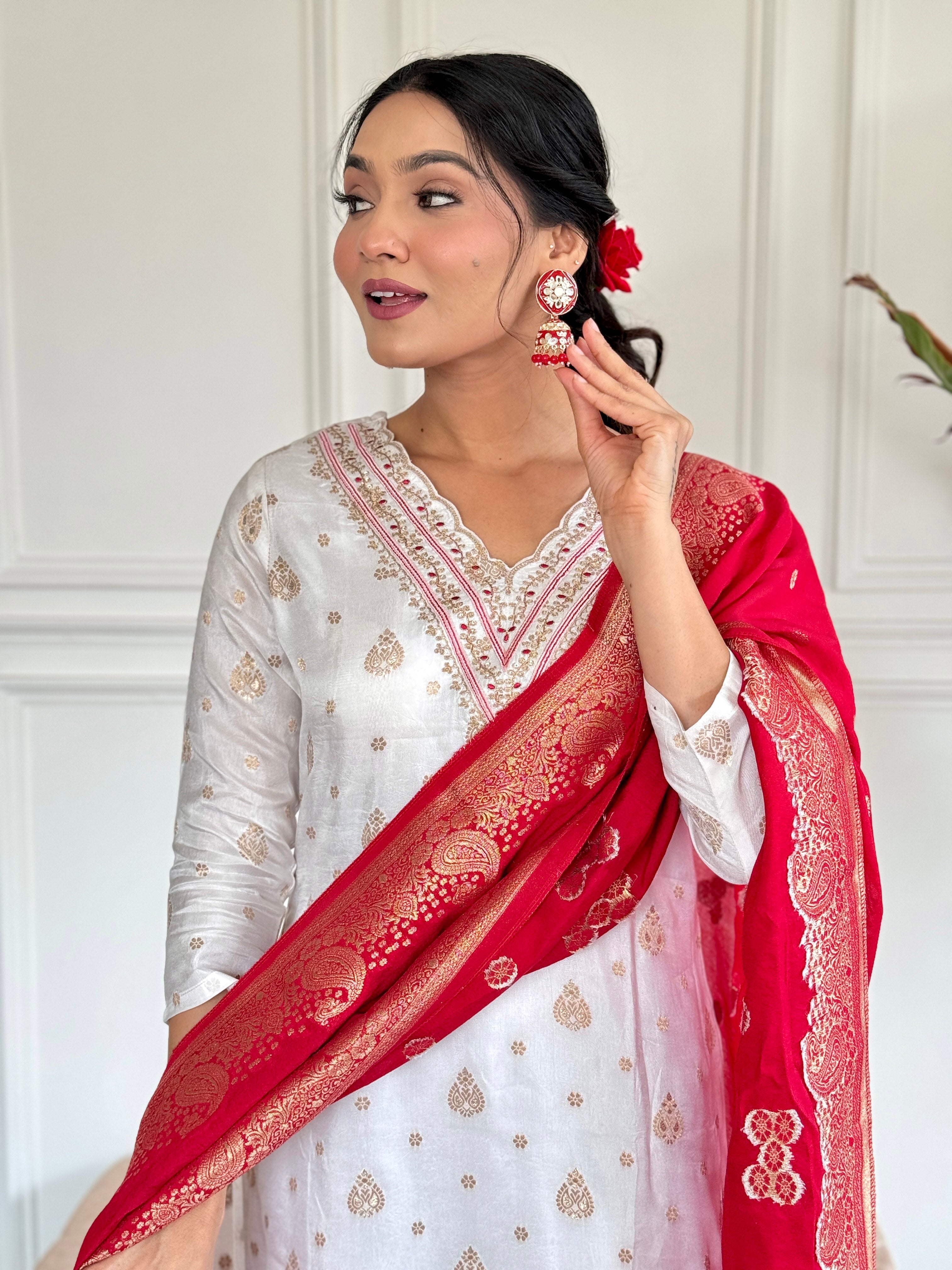 Teeya Creation White Colour Jacquard Embroidery Work Fully Stitched Kurti Set