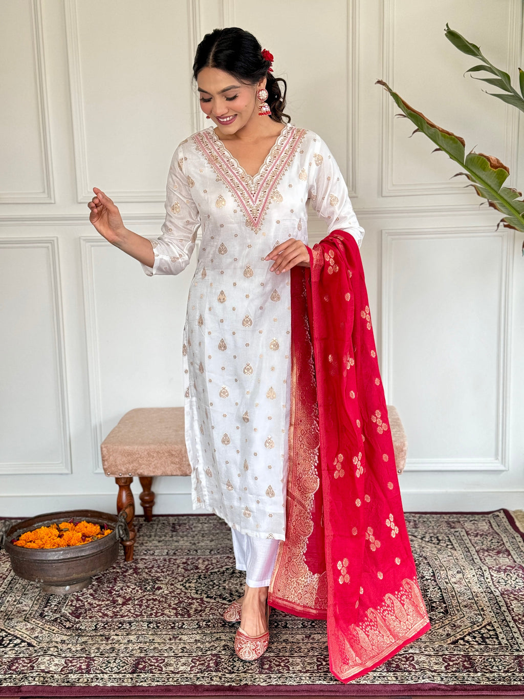 Teeya Creation White Colour Jacquard Embroidery Work Fully Stitched Kurti Set