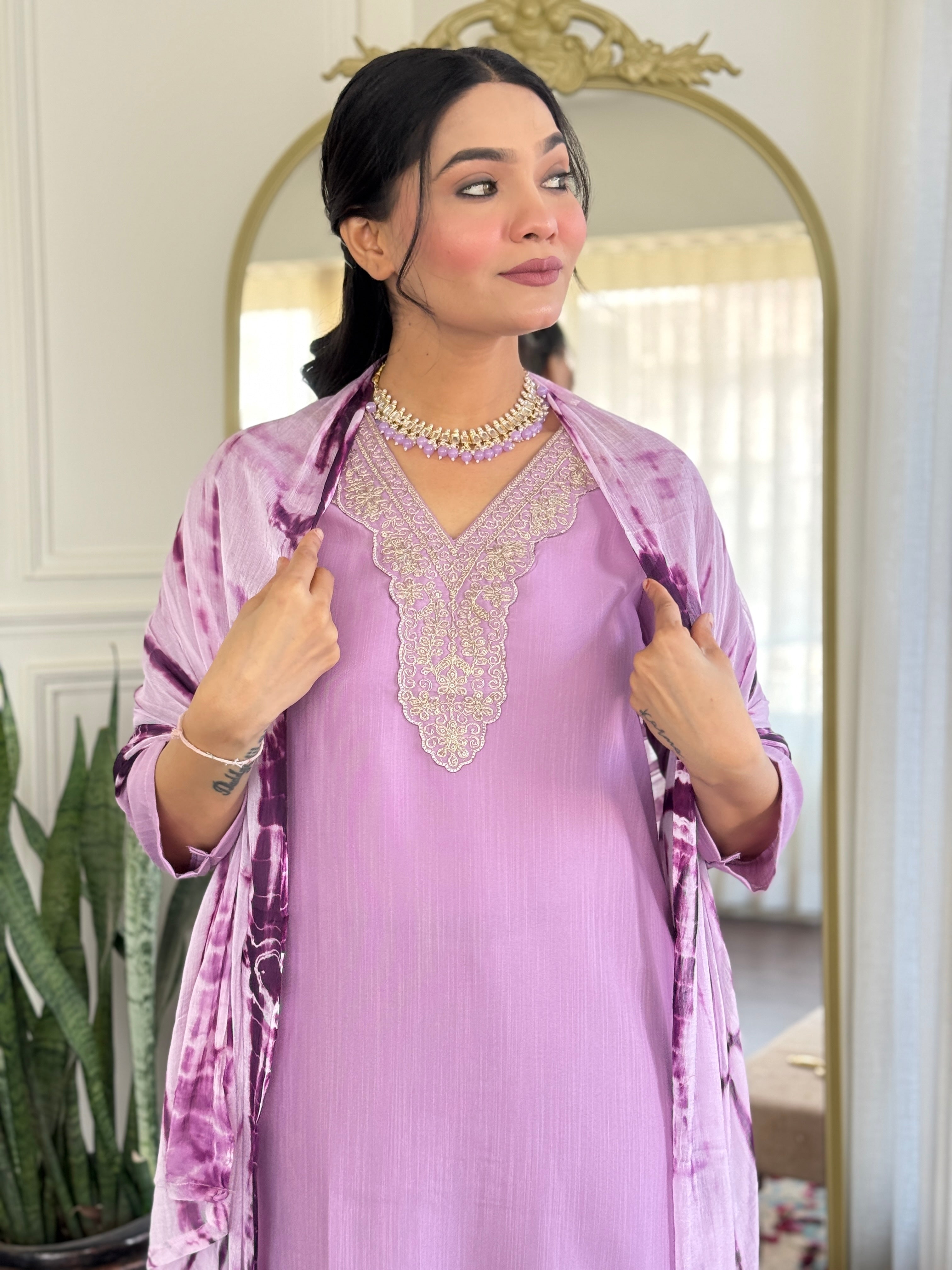 Teeya Creation Baby Pink Colour Viscose Slub Embroidery Work Fully Stitched Kurti Set