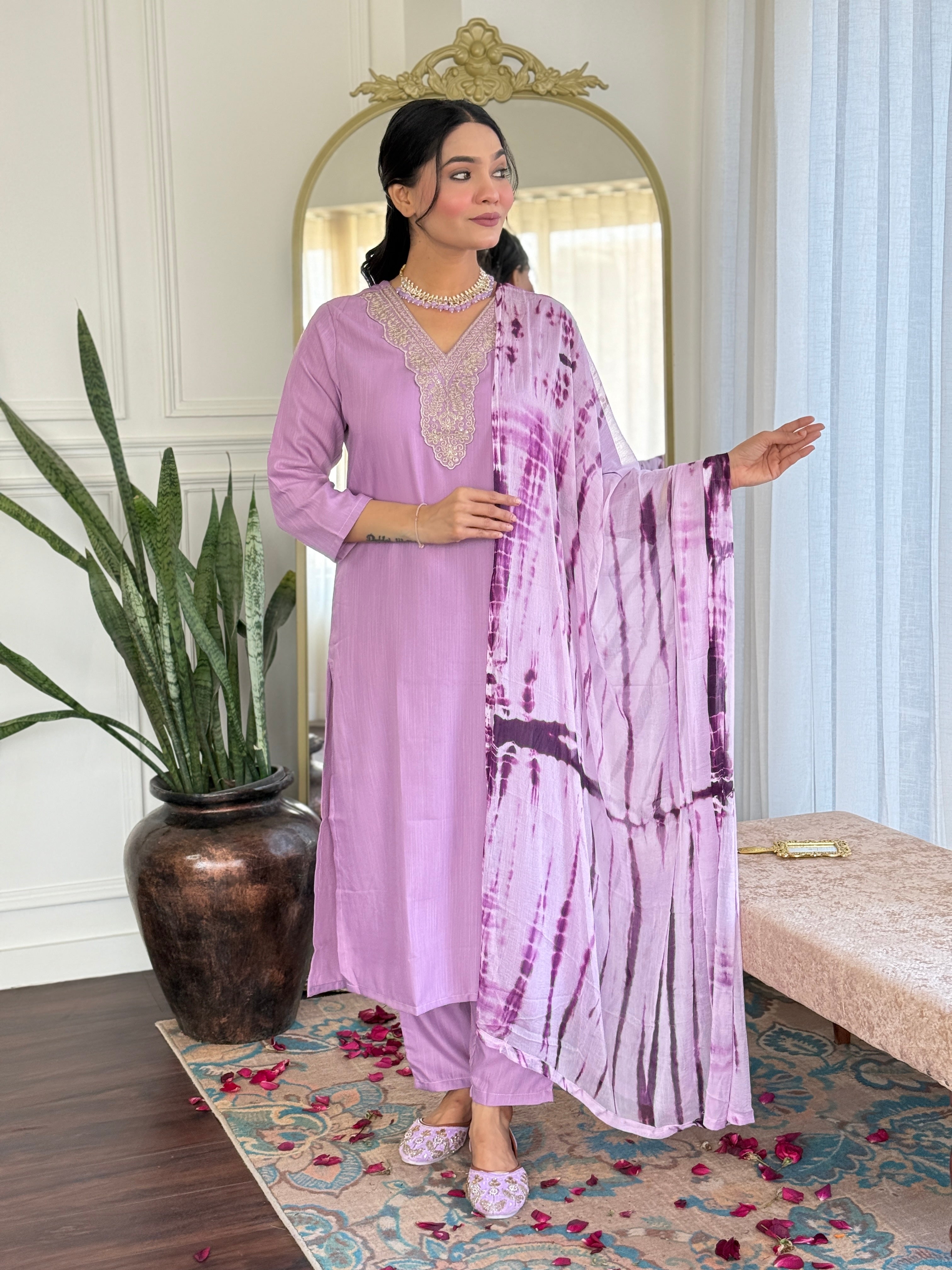 Teeya Creation Baby Pink Colour Viscose Slub Embroidery Work Fully Stitched Kurti Set
