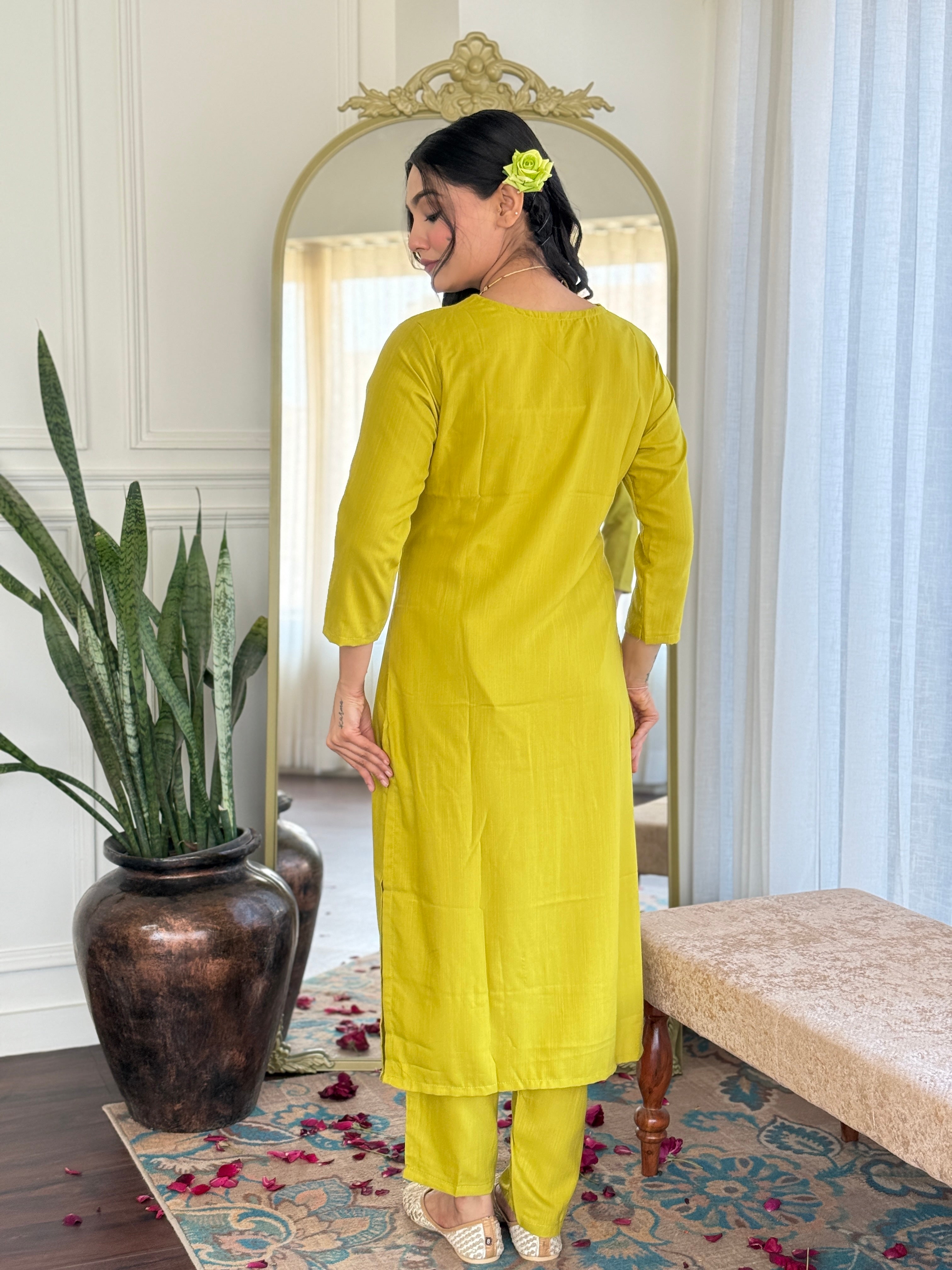 Teeya Creation Liril Colour Viscose Slub Embroidery Work Fully Stitched Kurti Set