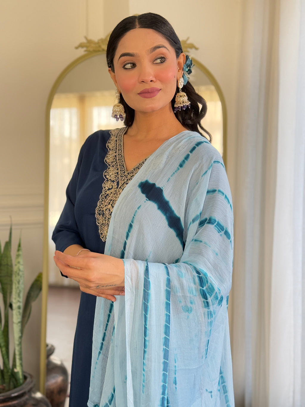 Teeya Creation Blue Colour Viscose Slub Embroidery Work Fully Stitched Kurti Set