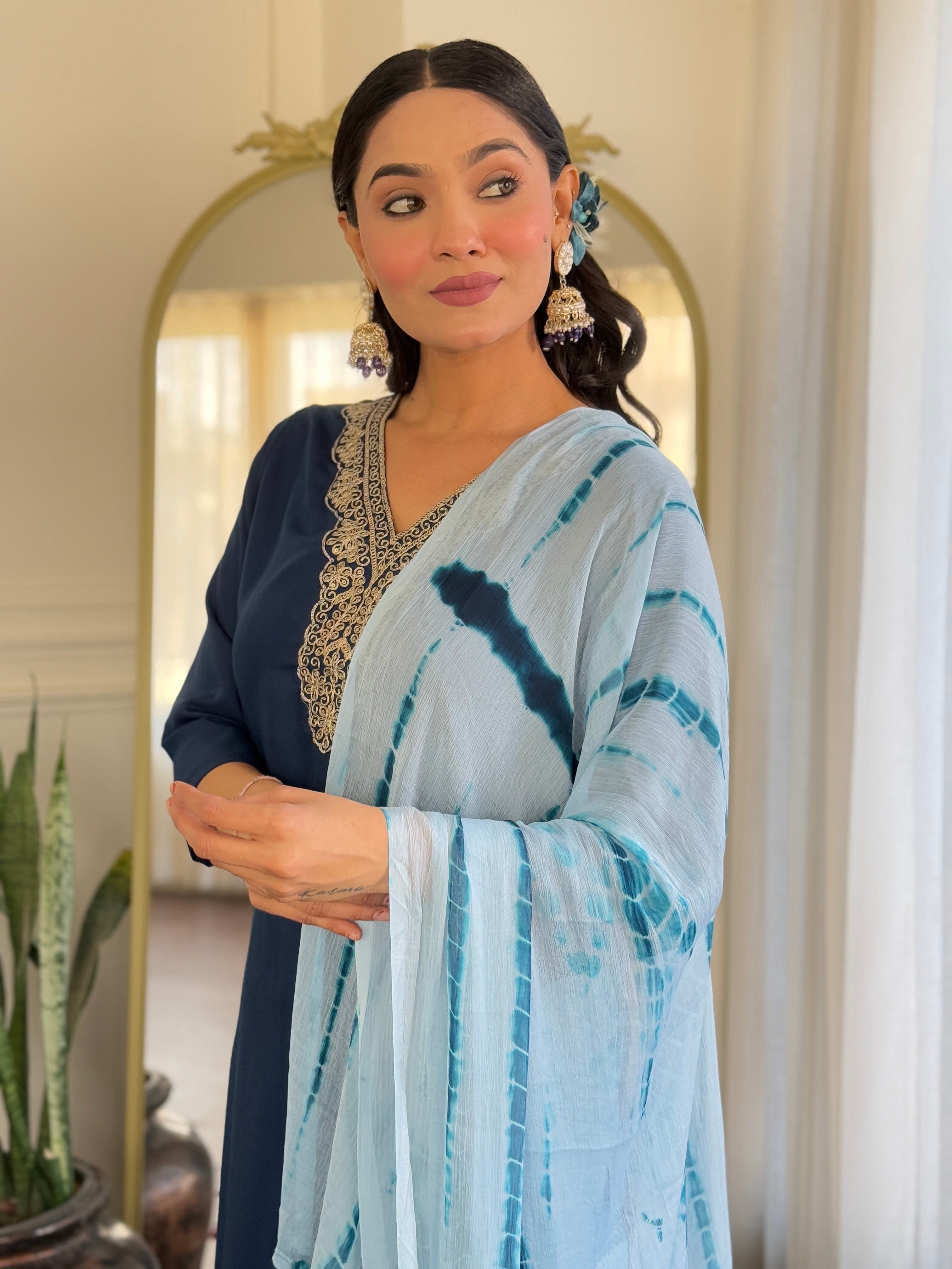 Teeya Creation Blue Colour Viscose Slub Embroidery Work Fully Stitched Kurti Set