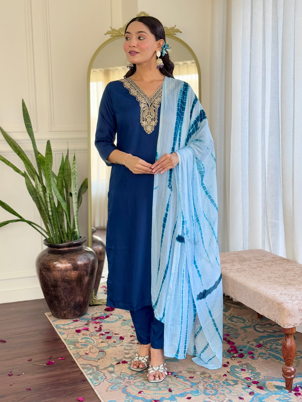 Teeya Creation Blue Colour Viscose Slub Embroidery Work Fully Stitched Kurti Set