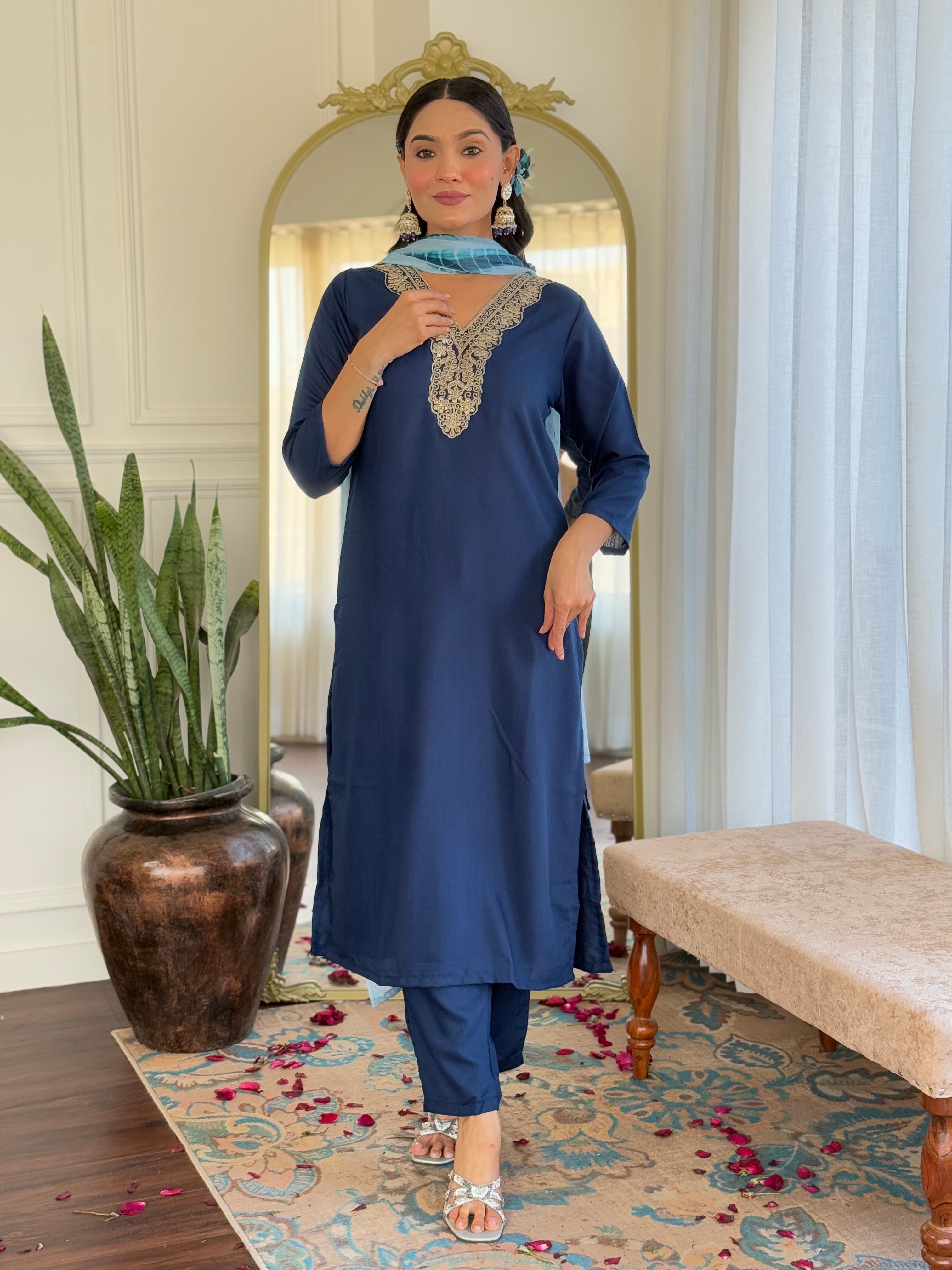 Teeya Creation Blue Colour Viscose Slub Embroidery Work Fully Stitched Kurti Set