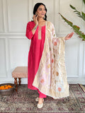 Teeya Creation Pink Colour Viscose Chanderi Embroidery Work Fully Stitched Kurti Set
